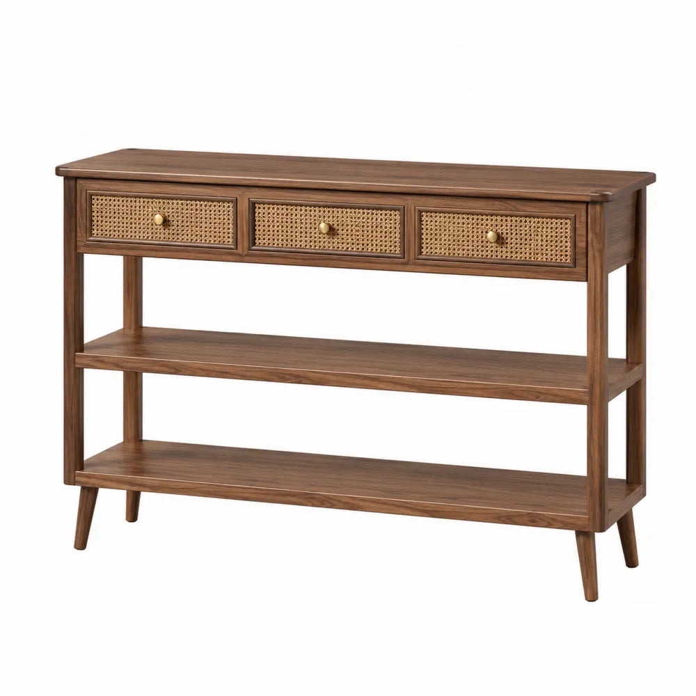 Wood Console Table with Rattan Drawers and Shelves Brown 120x35x80 cm
