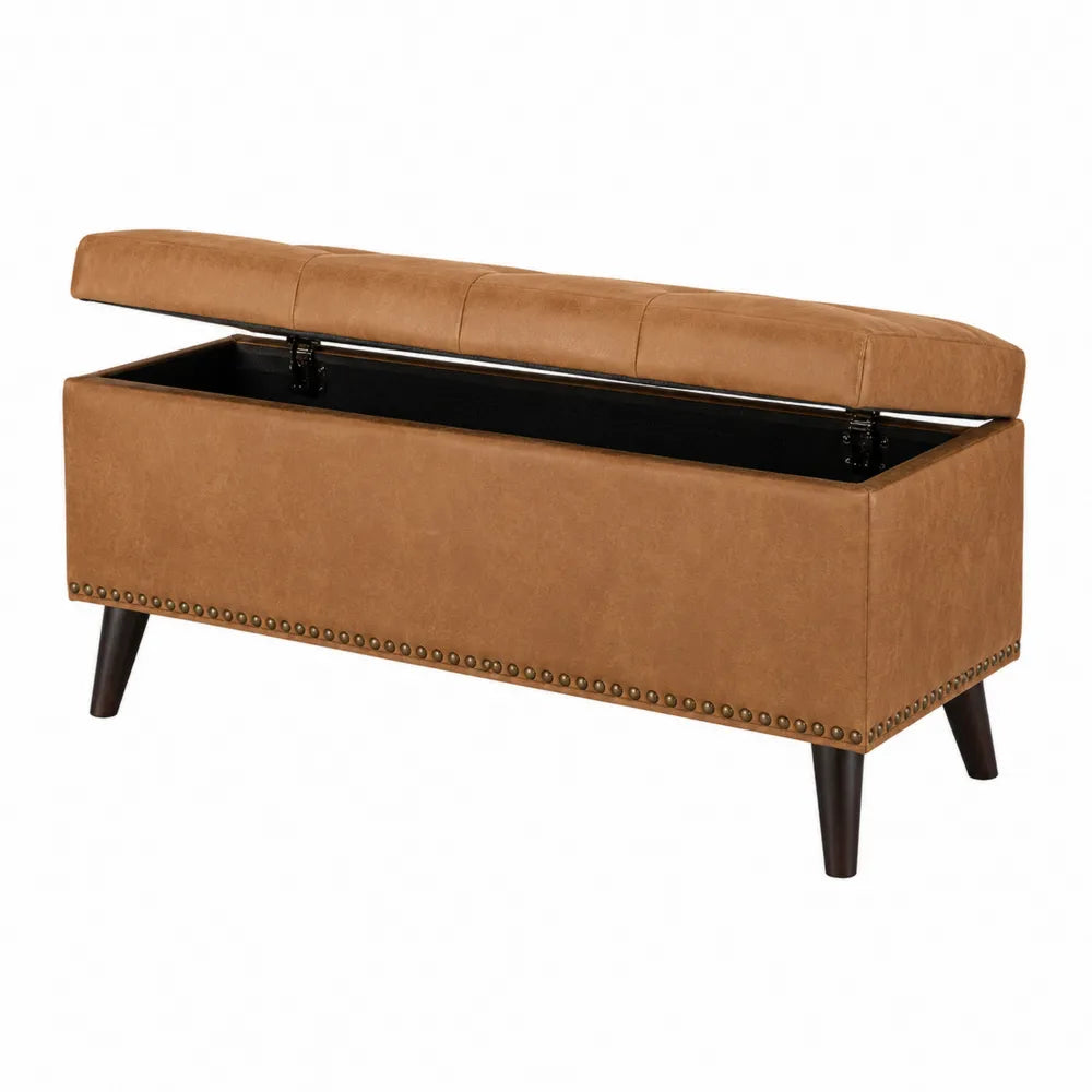 Brown Faux Leather Storage Bench with Wooden Legs 120cm