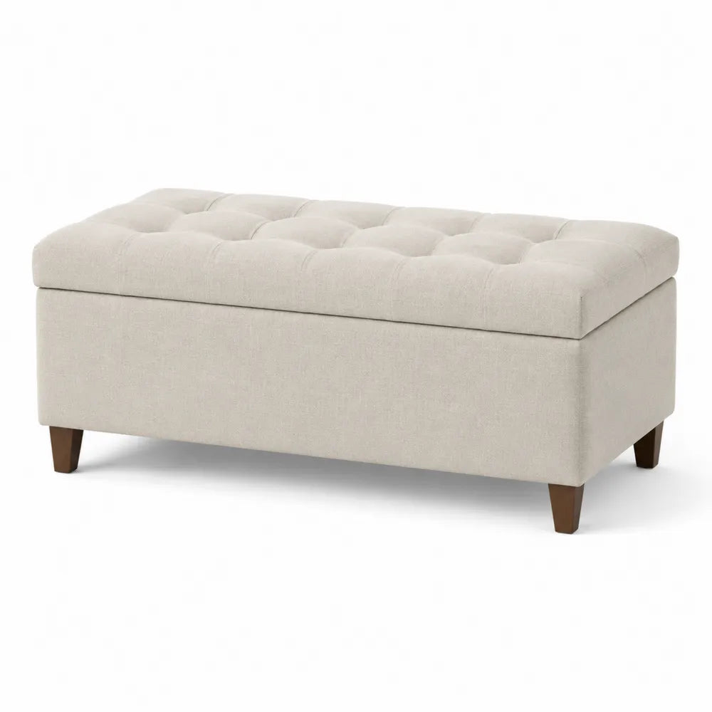 Beige Linen Rectangular Storage Ottoman with Hardwood Legs 47in x 18in x 18in