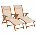 Set of 2 Teak Wood Reclining Loungers with Beige Fabric