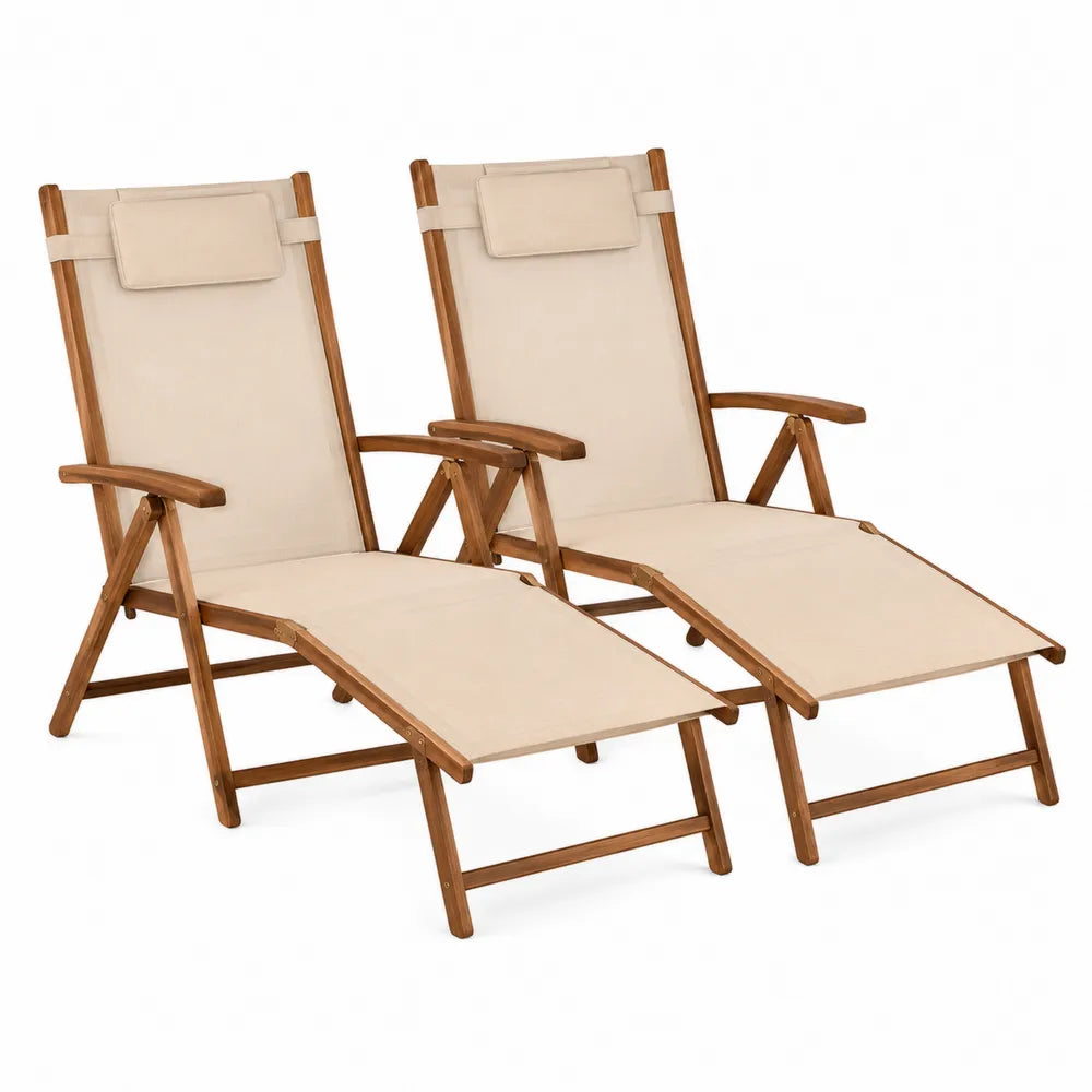 Set of 2 Teak Wood Reclining Loungers with Beige Fabric