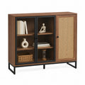 Wooden Bookcase with Glass and Rattan Doors and Black Frame 90x30x110 cm