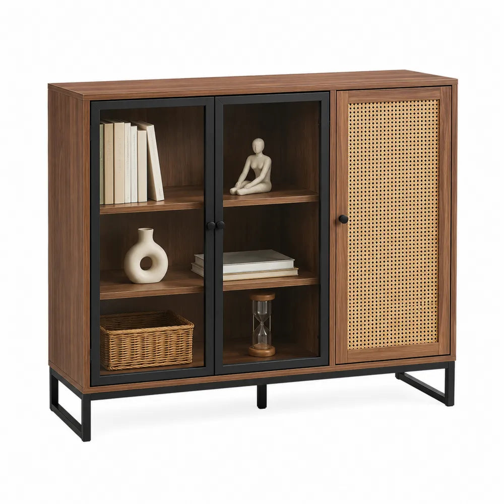 Wooden Bookcase with Glass and Rattan Doors and Black Frame 90x30x110 cm