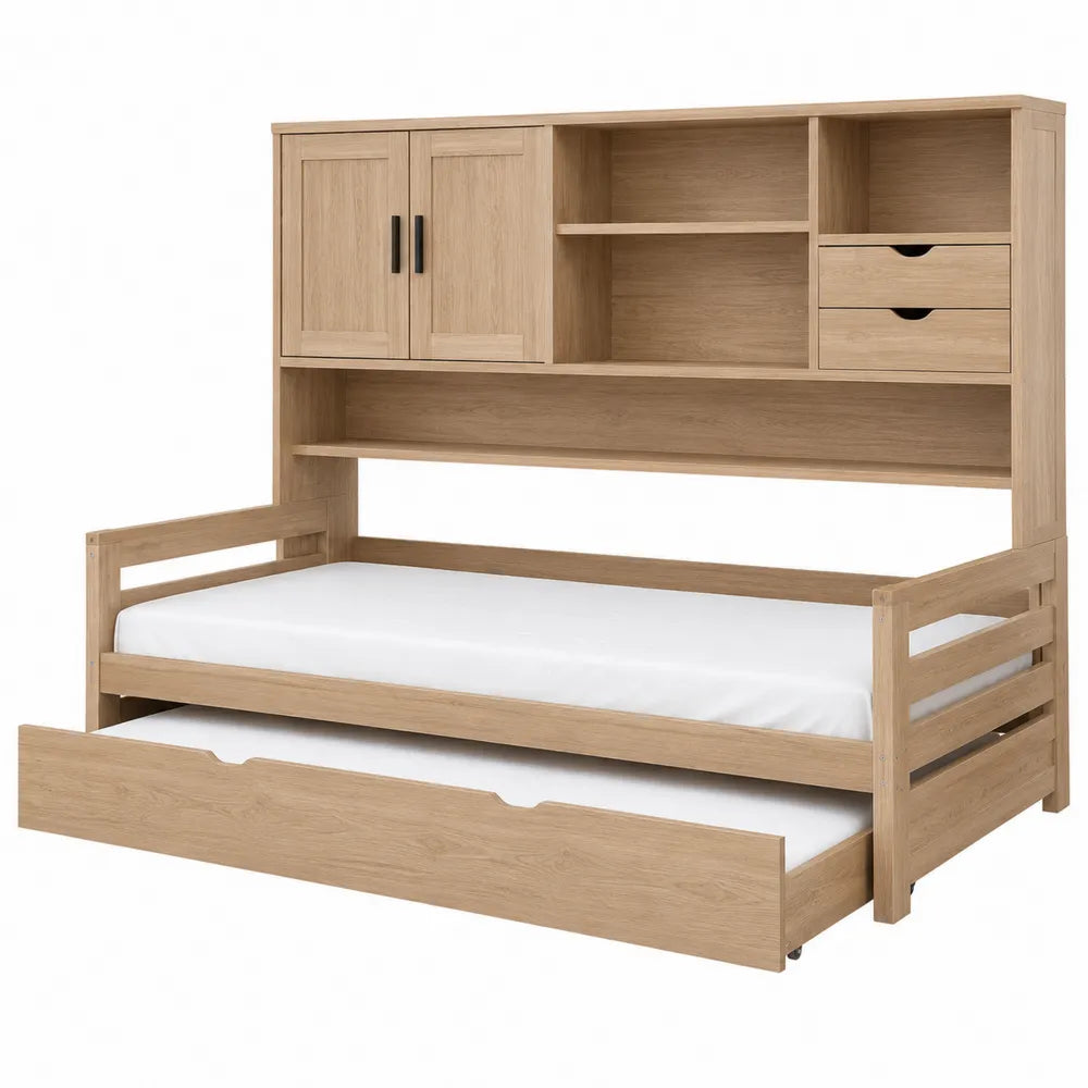 Oak Twin Trundle Bed with Storage Shelves 203cm