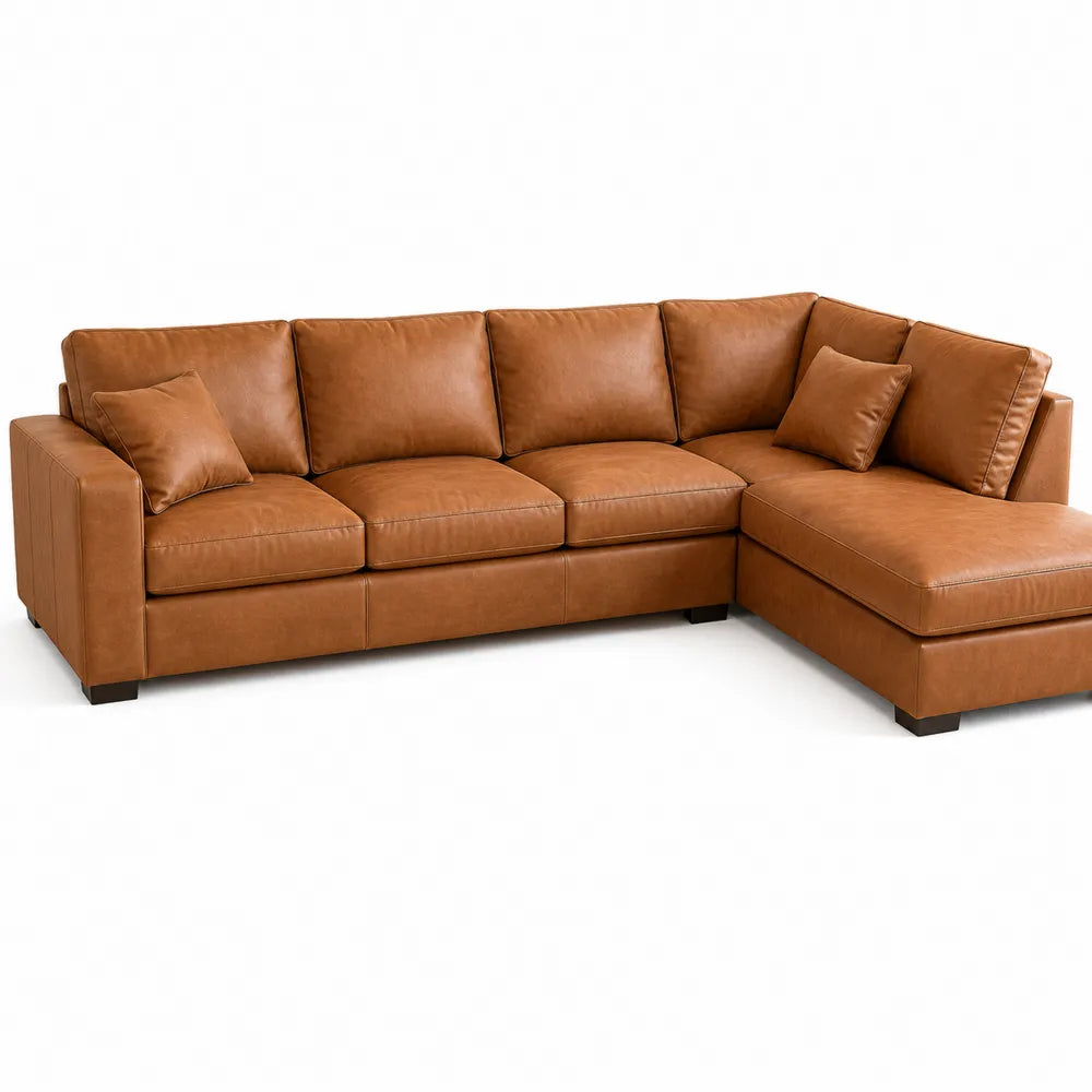 Brown L-Shaped PU Leather Sectional Sofa with Solid Wood Base