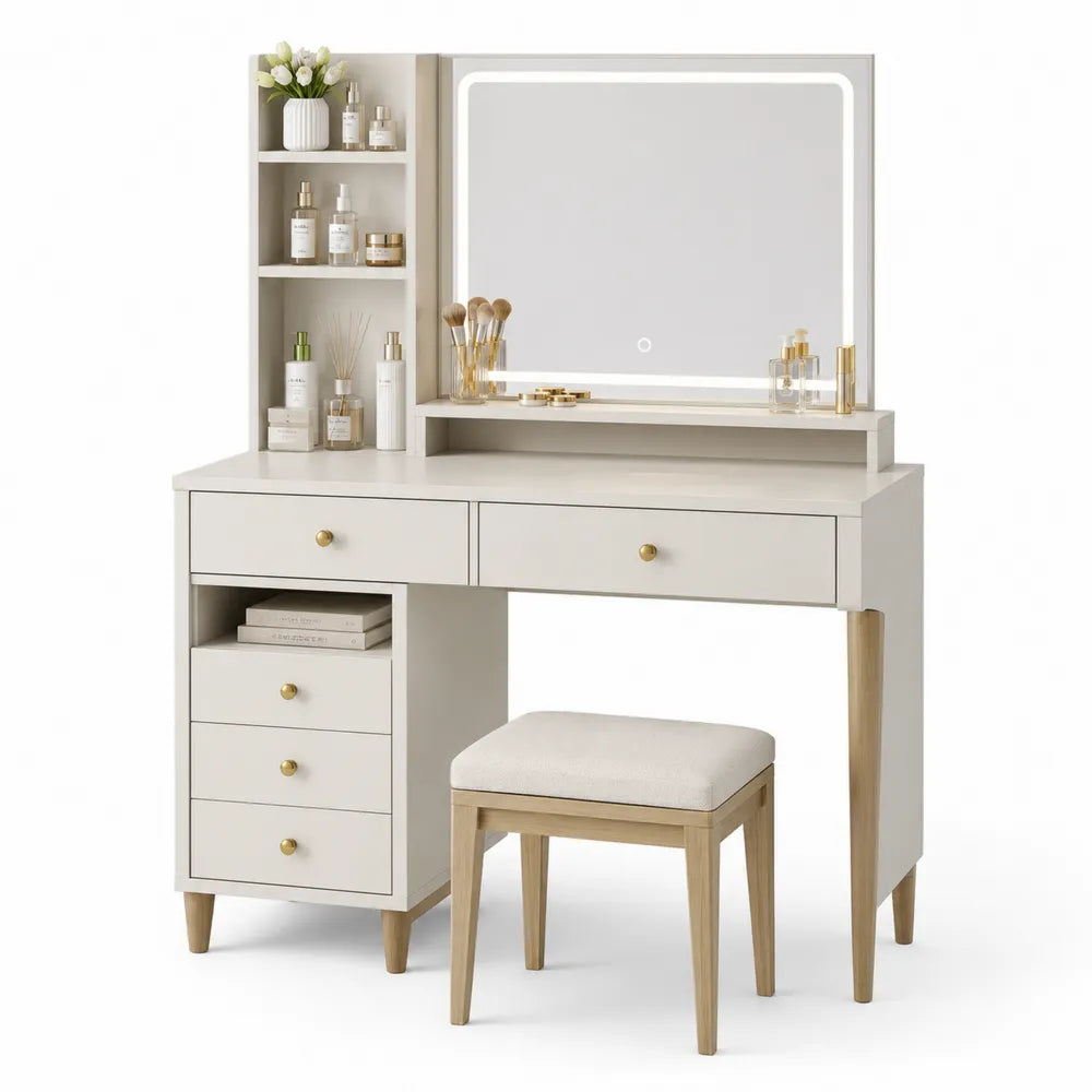 Wood Vanity Set with LED Mirror and Drawers, White and Natural Wood, 120cm