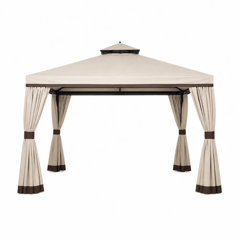 Outdoor Gazebo Steel Frame Polyester Canopy with Curtains Beige 118x118x106 in