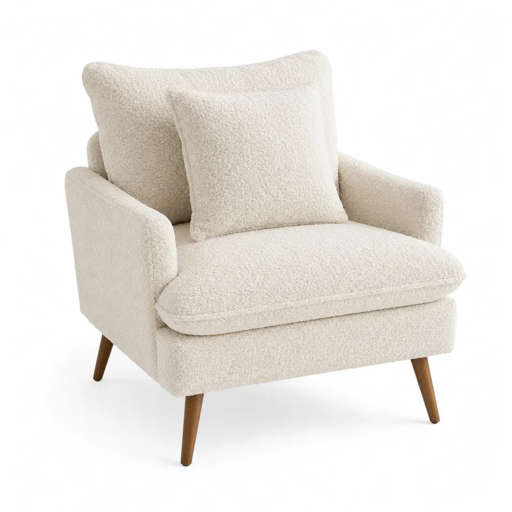Boucle Fabric Armchair with Wooden Legs in Cream