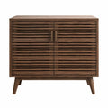 Walnut Wooden Storage Cabinet with Slatted Doors