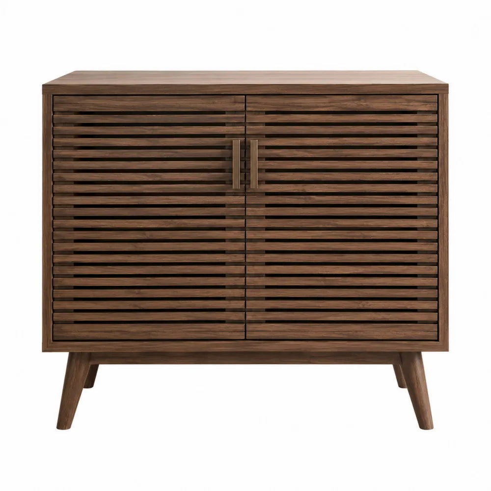 Walnut Wooden Storage Cabinet with Slatted Doors