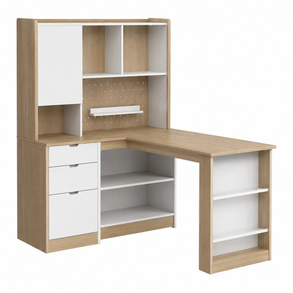 L-Shaped Wood and MDF Desk with Hutch Oak/White 150cm x 150cm