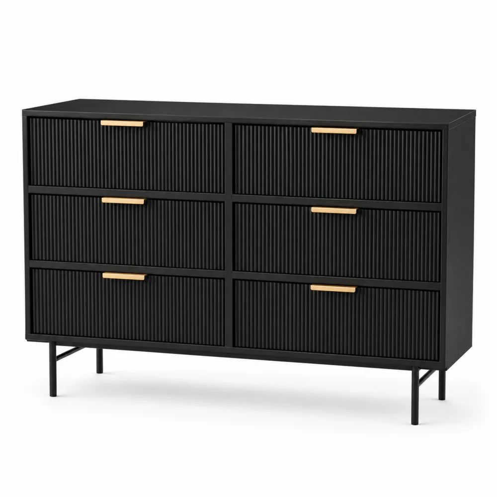 6 Drawer Black Dresser with Gold Handles MDF and Steel