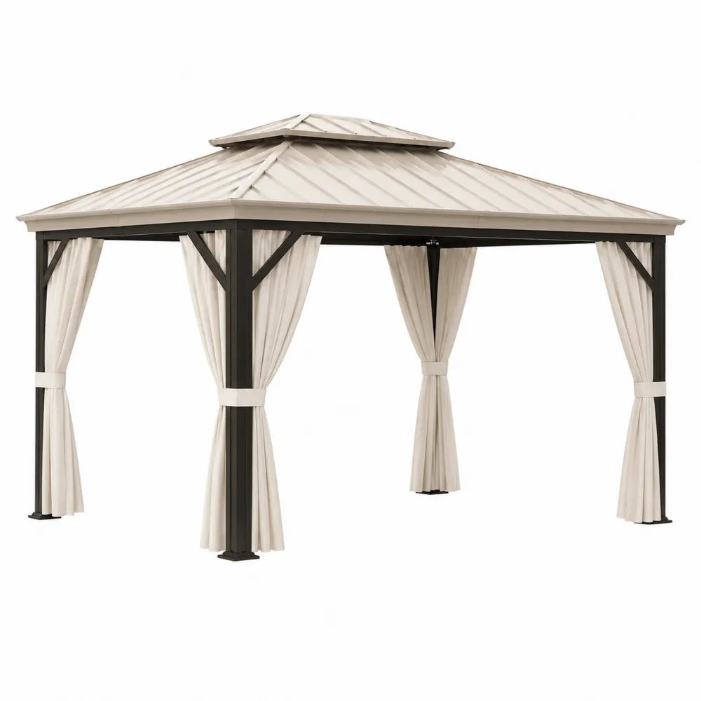 Outdoor Steel Gazebo with Polycarbonate Roof and Polyester Curtains 300cm x 400cm