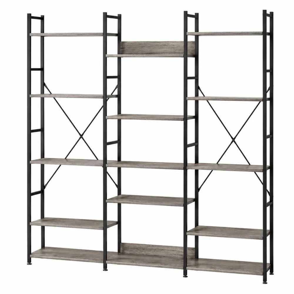 Industrial Metal Frame Bookshelf with Wooden Shelves 180cm H x 150cm W x 30cm D