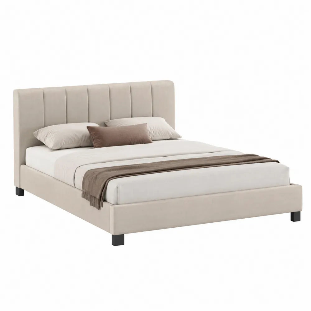Queen Size Beige Upholstered Platform Bed with Tufted Headboard