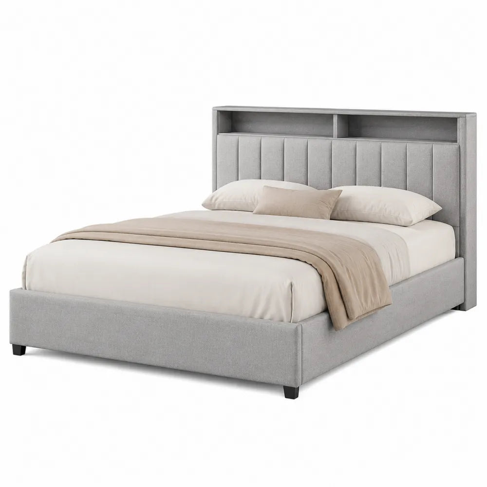 Queen Wood Platform Bed Upholstered Fabric with Storage Shelves Gray 203cm x 162cm x 110cm