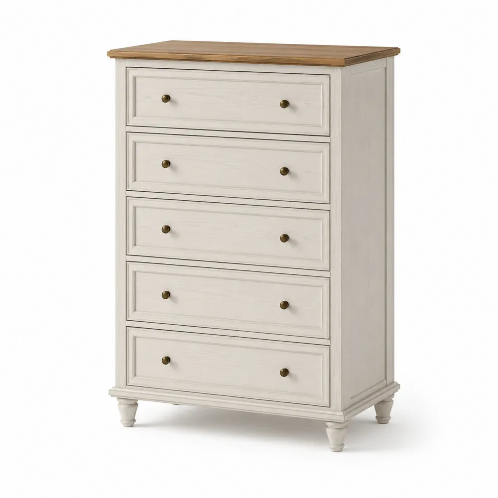 Wooden Dresser Chest 5-Drawer White and Natural Oak 43.3in