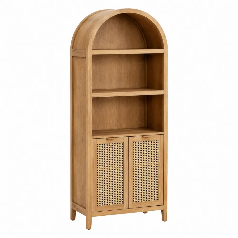 Oak Bookcase with Arch Top and Rattan Doors, 180cm