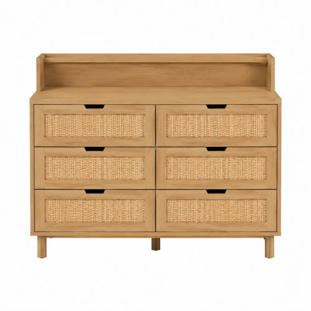 Wooden Storage Cabinet with 6 Rattan Front Drawers 100cm x 40cm x 85cm