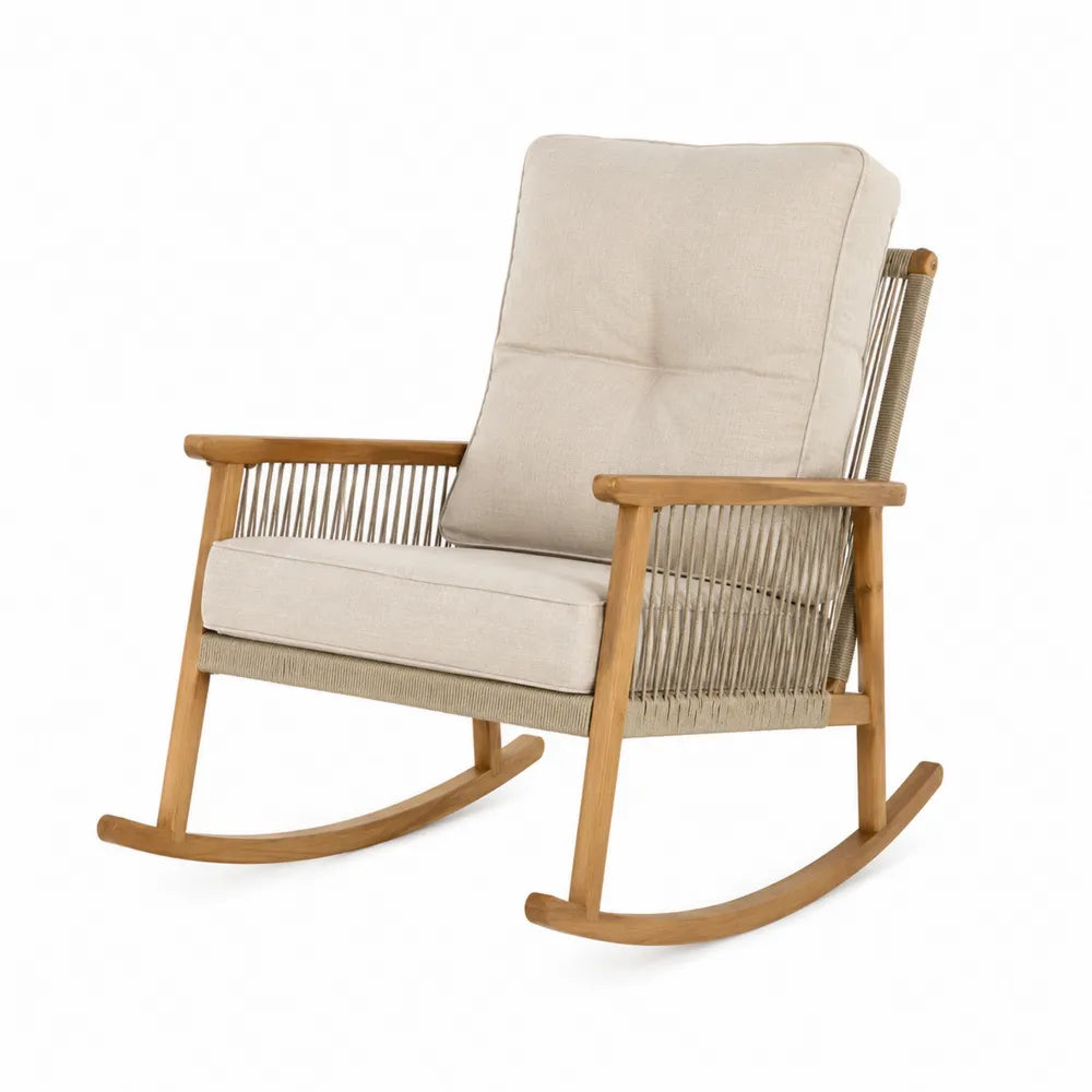 Rocking Chair Teak Frame Polyester Cushion Beige