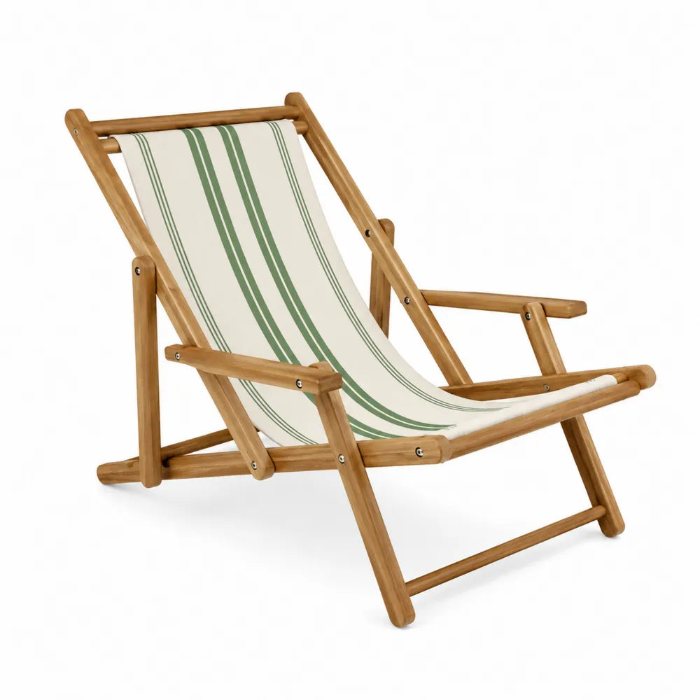 Teak Wood Folding Chair with Striped Polyester Seat Beige/Green