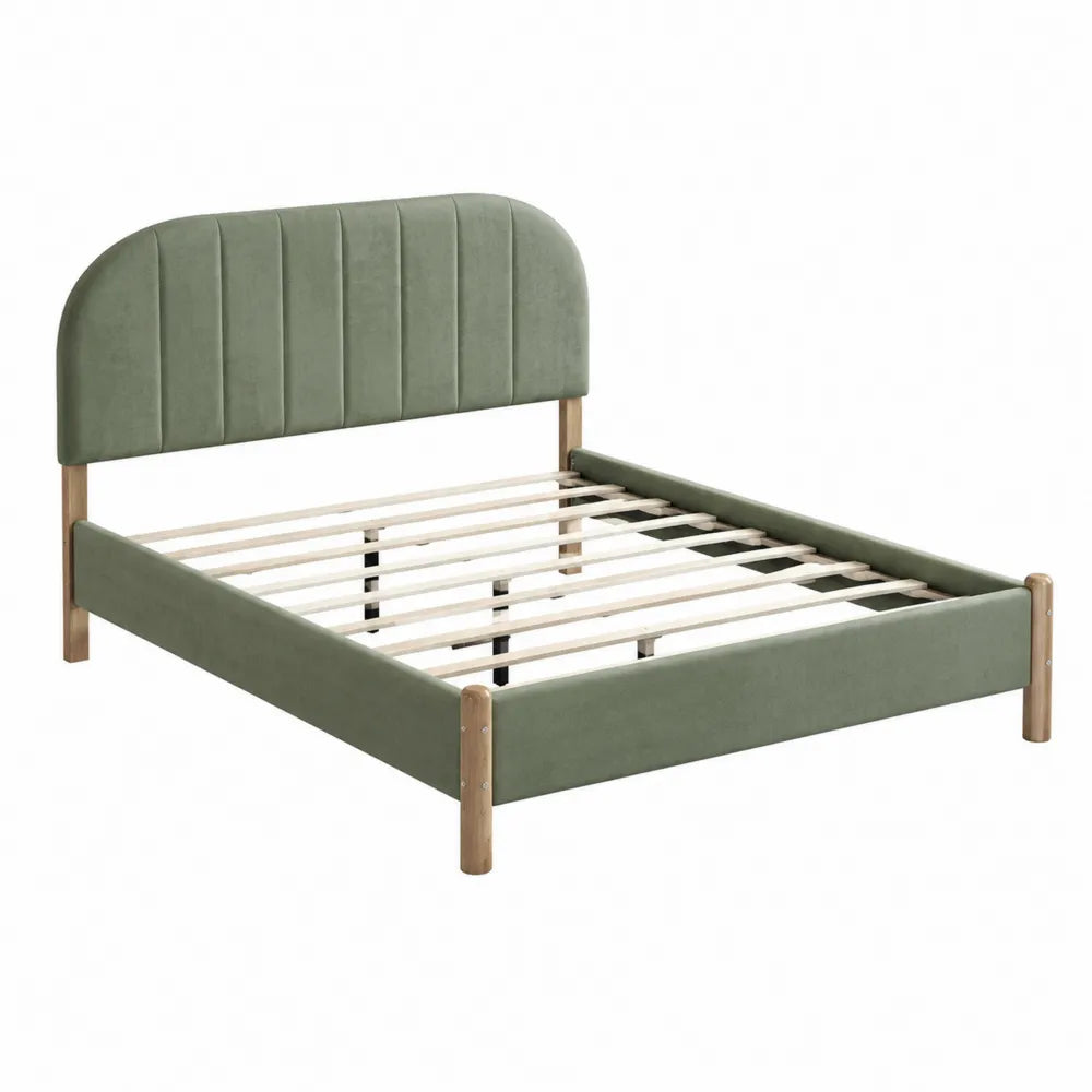 Queen Platform Bed Velvet Upholstered with Wood Frame in Sage Green
