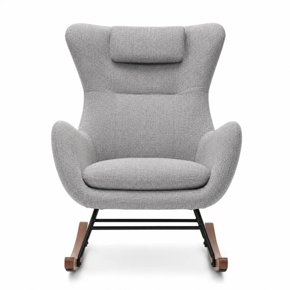 Gray Fabric Rocking Chair with Wooden Base