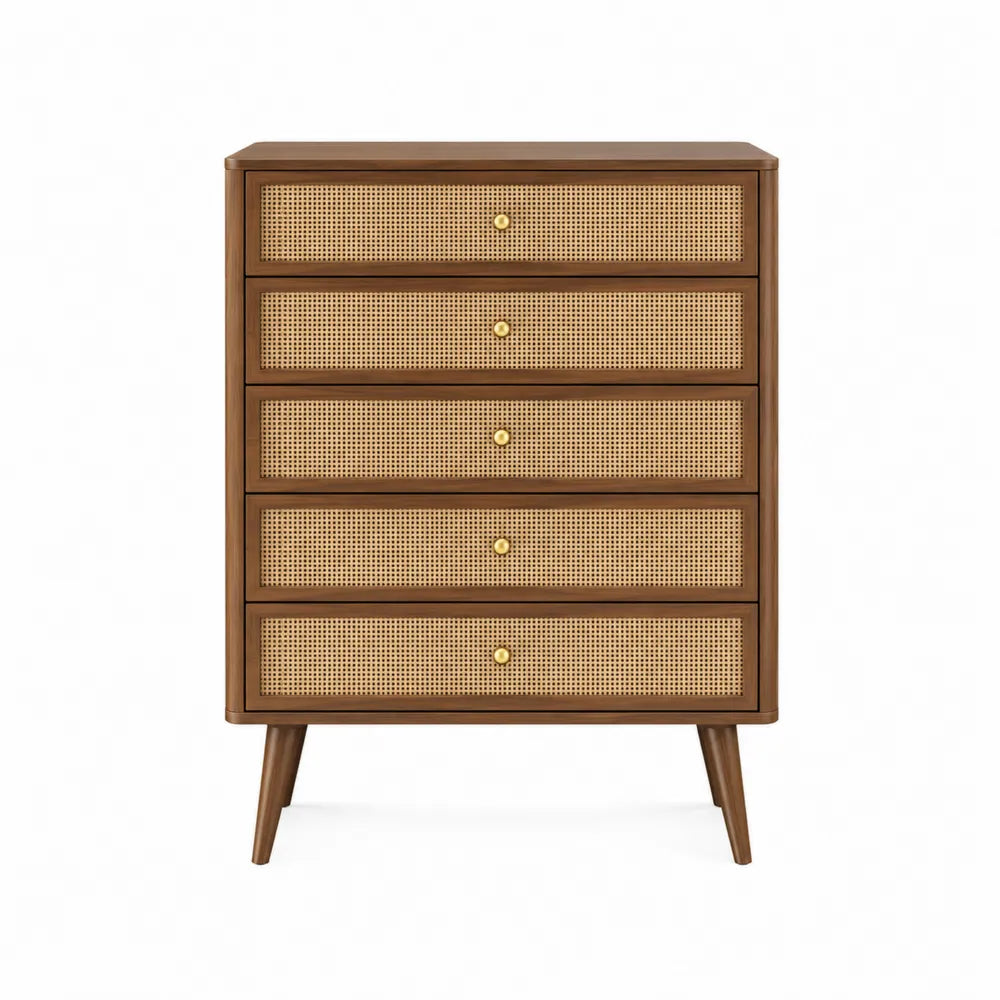 Wood Dresser with Natural Rattan Drawers 5-Drawer Brown Chest