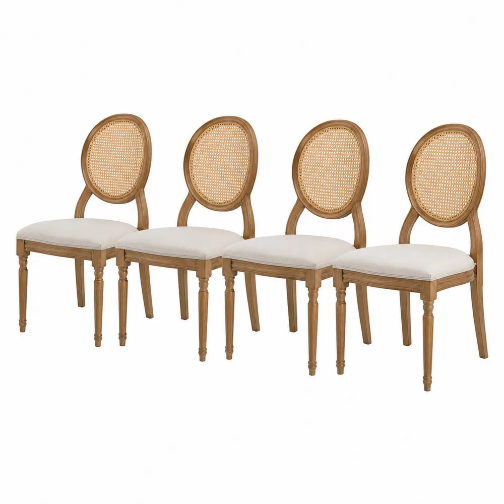 Set of 4 Rattan Back Dining Chairs with Wood Frame and Upholstered Cushions