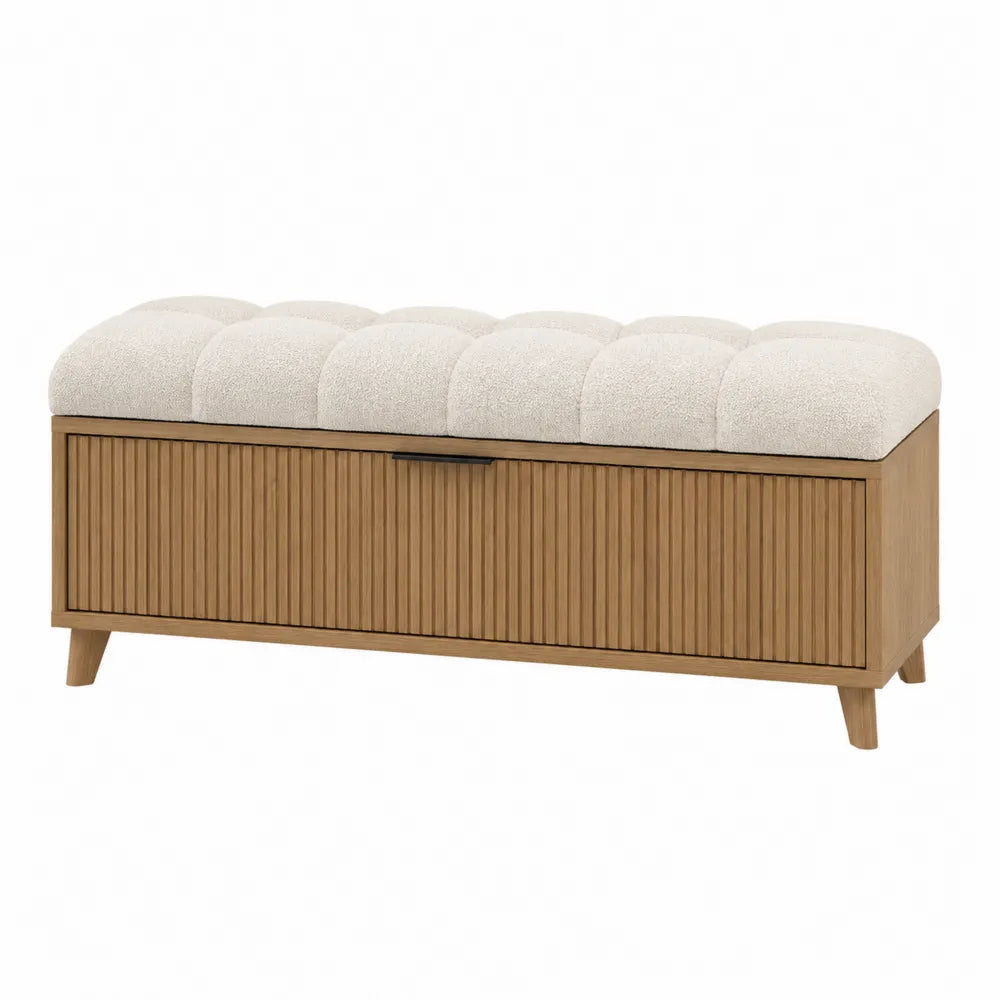 Wood Storage Bench with Polyester Fabric Upholstery Beige 120cm