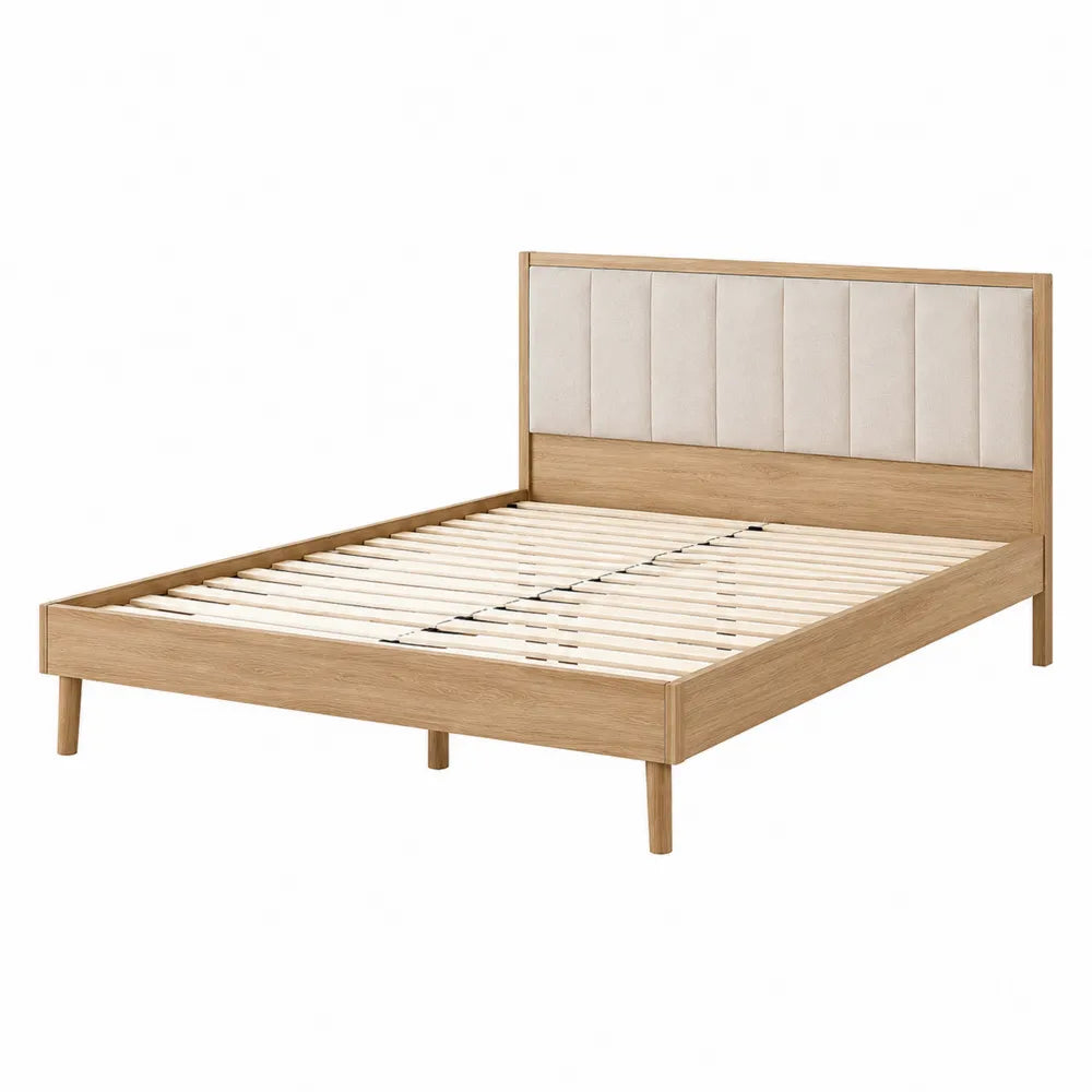 Queen Size Bed Frame with Upholstered Headboard Solid Wood Beige 210cm