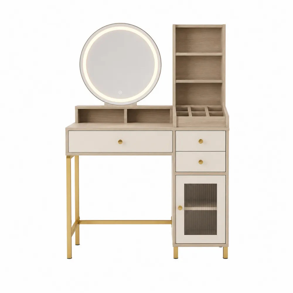 Vanity Table with LED Mirror and Storage Shelves Wood and Metal Beige 120x45x140cm