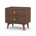Walnut Wood Two-Drawer Nightstand with Brass Knobs