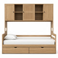 Twin Bed with Storage Drawers and Wooden Bookshelf Headboard Oak