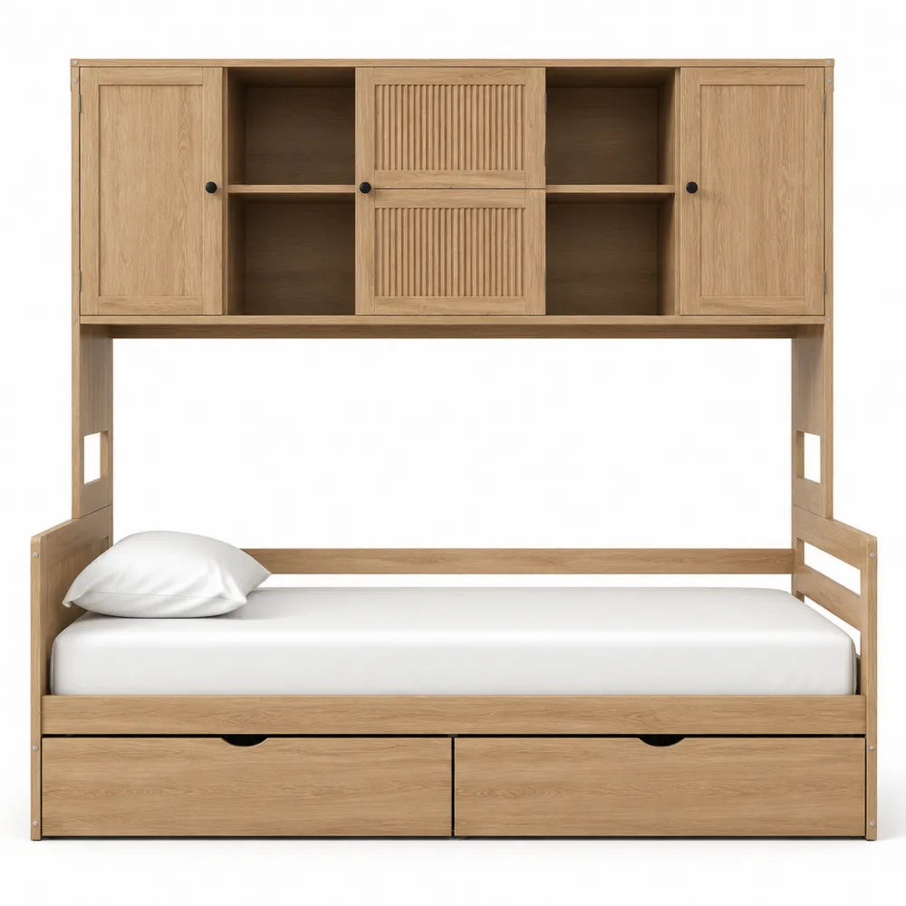 Twin Bed with Storage Drawers and Wooden Bookshelf Headboard Oak