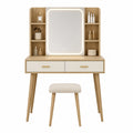 Wood Vanity Set with LED Mirror, Stool, Shelves, and Drawers