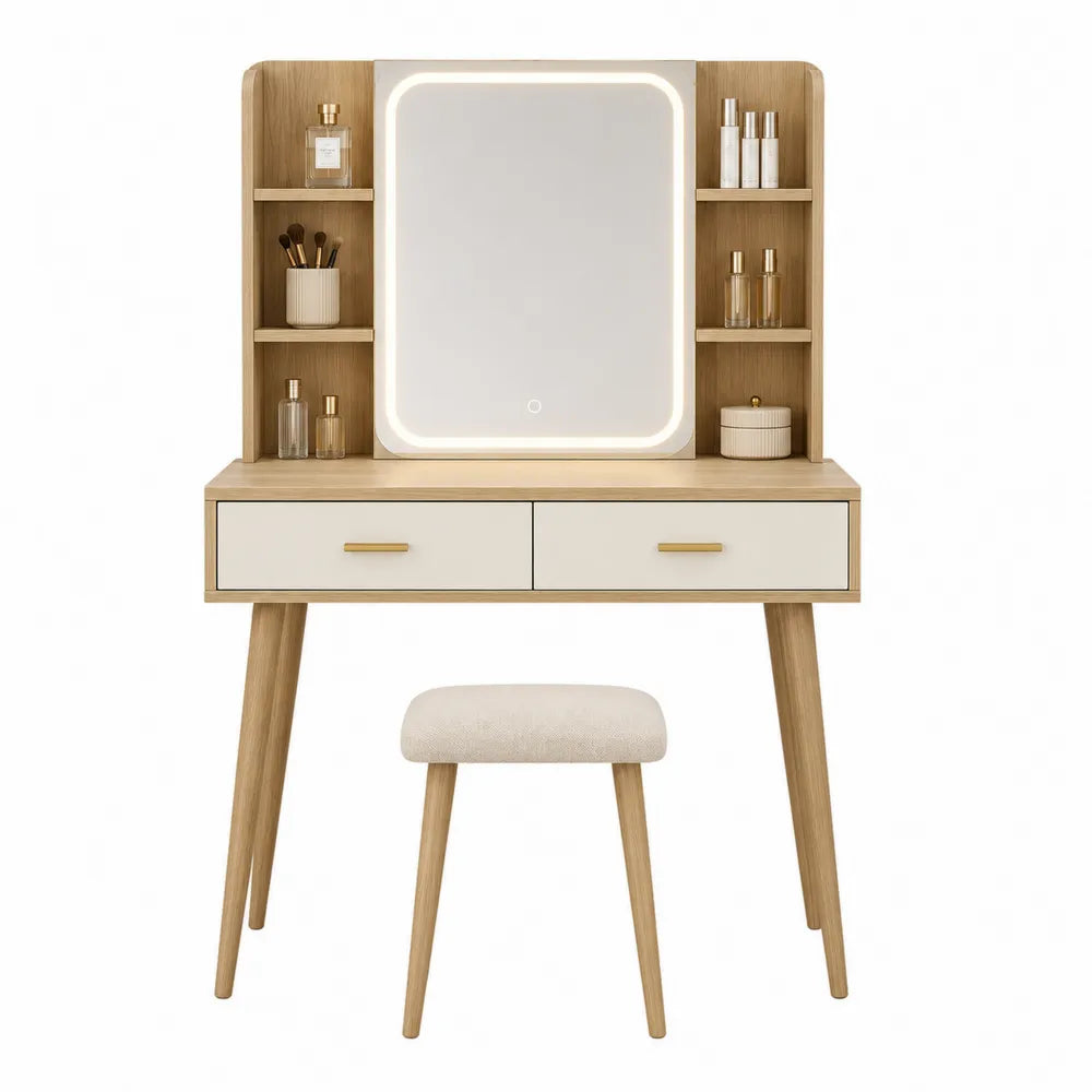 Wood Vanity Set with LED Mirror, Stool, Shelves, and Drawers