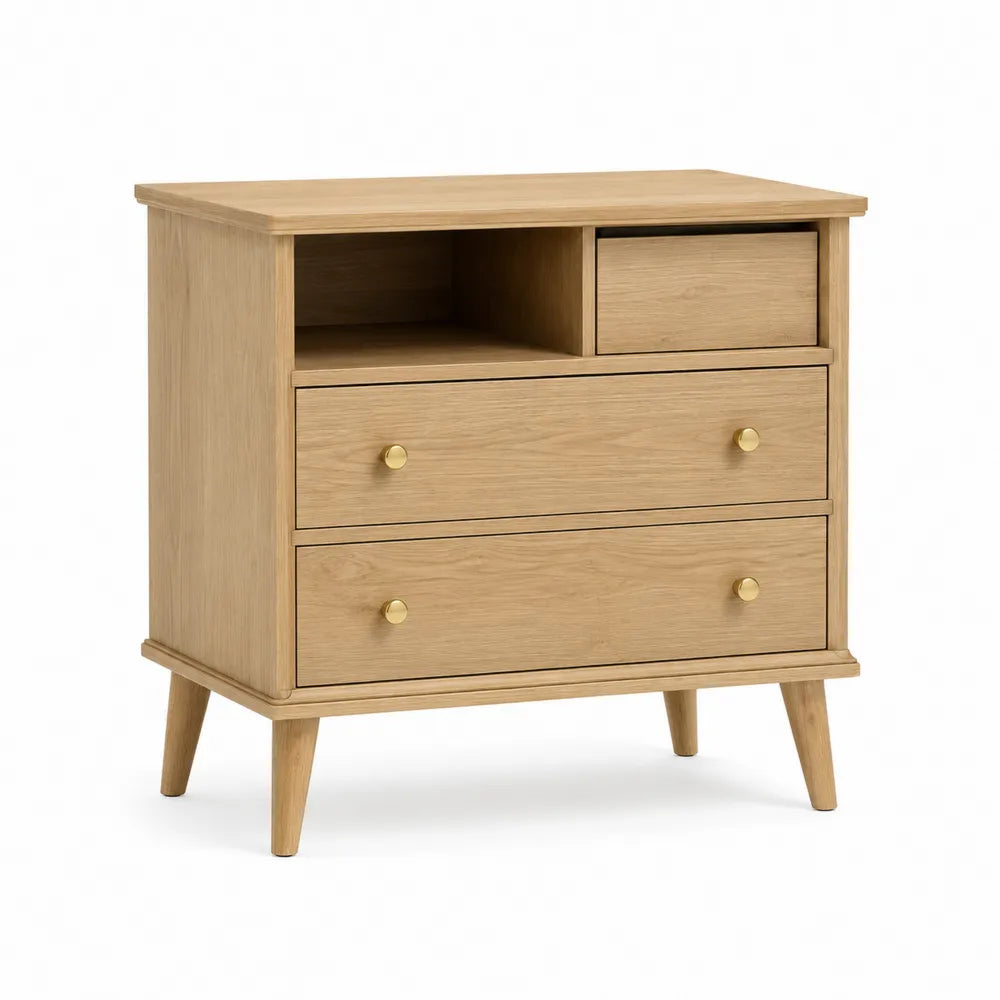 Oak Wood Nightstand with Three Drawers and Open Shelf