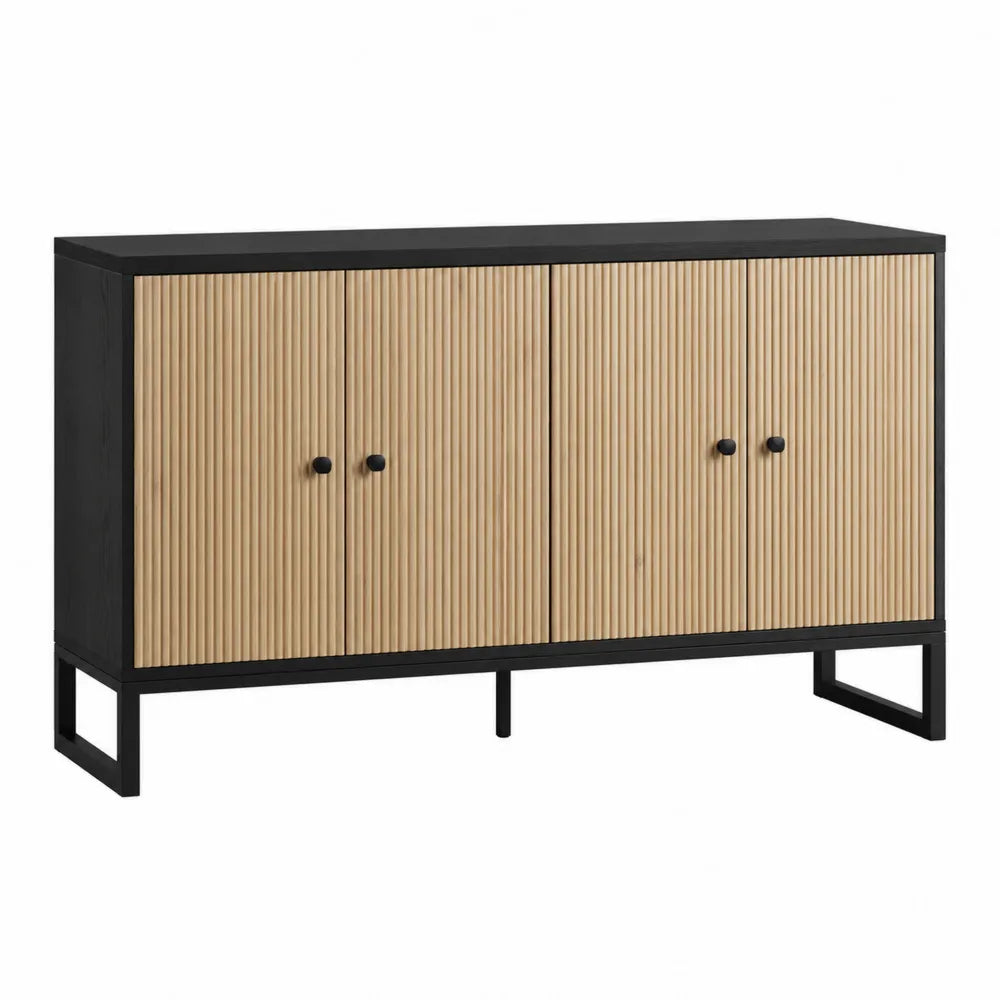 Wood Sideboard with Black Metal Frame and Fluted Doors 120cm