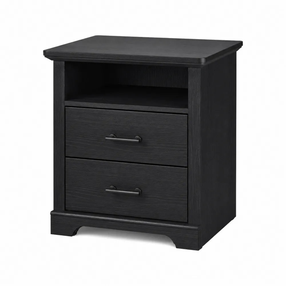 Black Wood Nightstand with Two Drawers