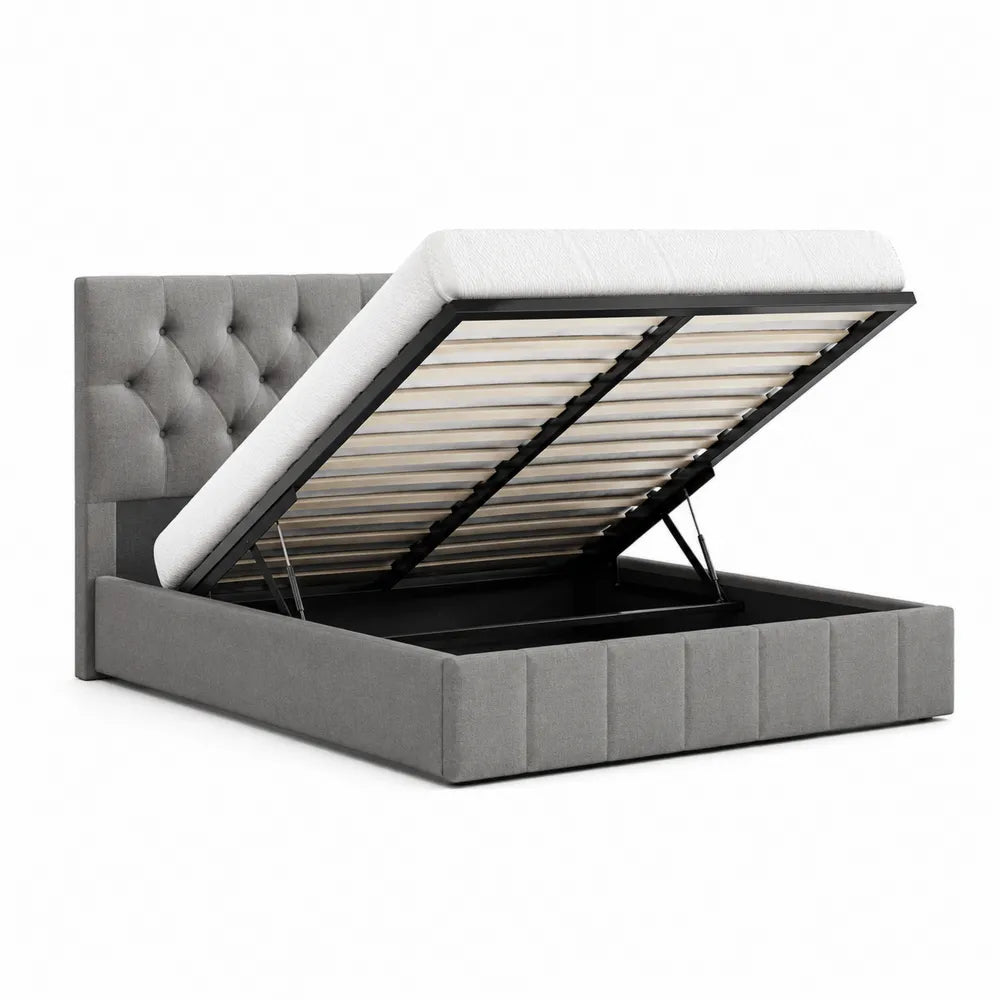 Gray Upholstered Storage Bed with Metal Frame 160x200cm