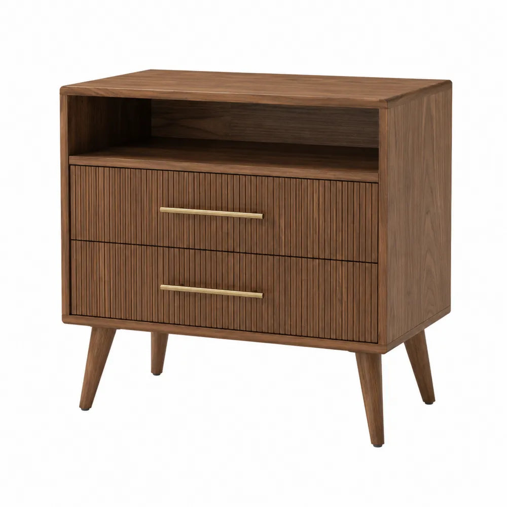 Wooden Nightstand with Open Shelf and Two Drawers