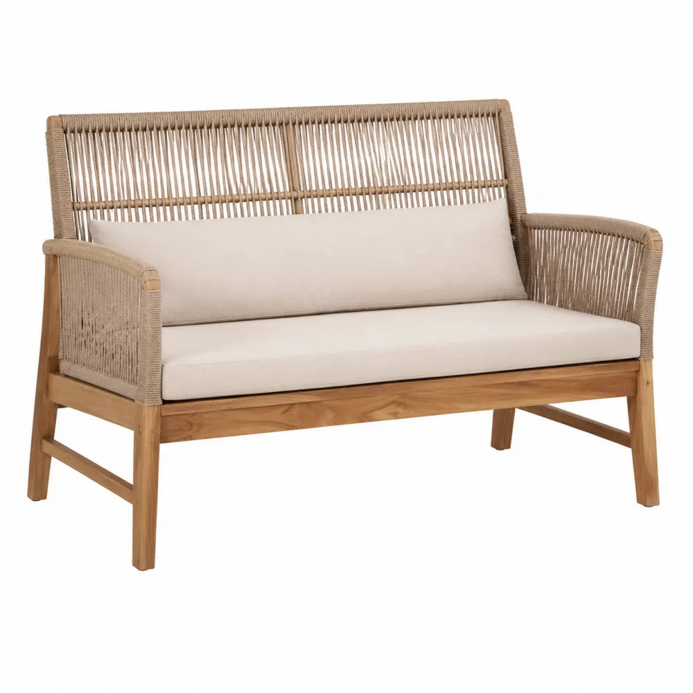 Outdoor Sofa Teak Frame Synthetic Rope Beige Cushions 123cm