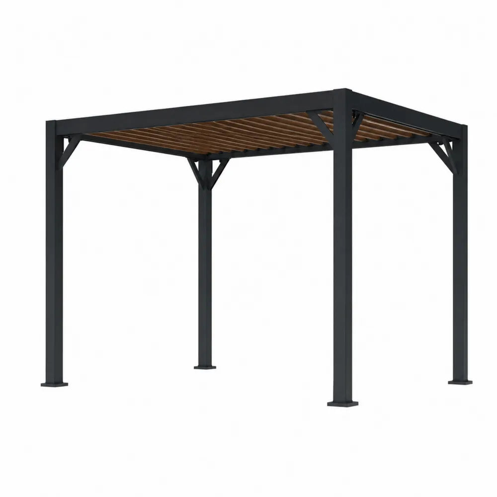 Rectangular Aluminum Pergola with Wood-Effect Roof Panels Black 300cm x 400cm x 250cm