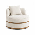 Round Swivel Chair with Fabric Upholstery and Wood Accents, Beige, 80cm x 80cm x 70cm