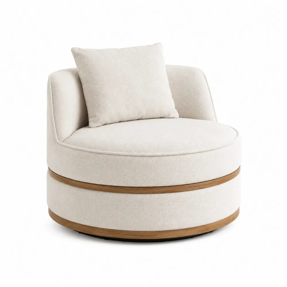 Round Swivel Chair with Fabric Upholstery and Wood Accents, Beige, 80cm x 80cm x 70cm