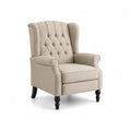 Beige Linen Wingback Armchair with Tufted Back and Wooden Legs