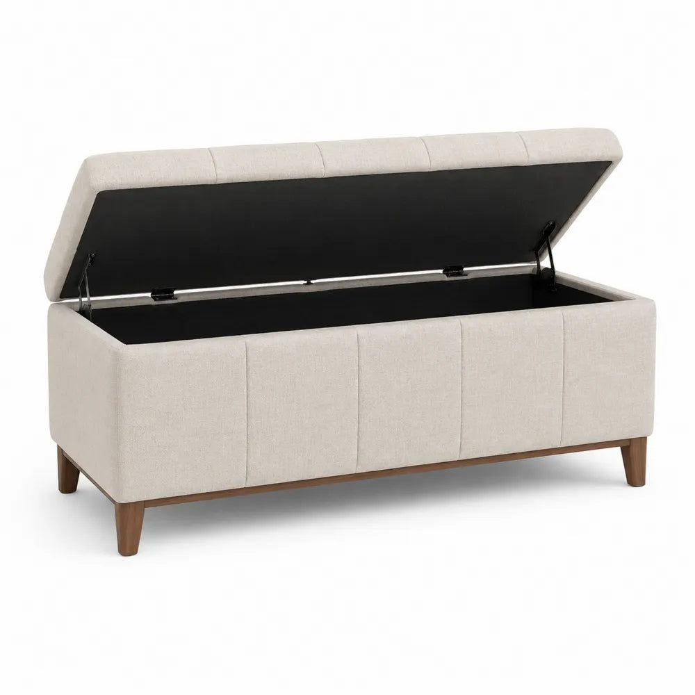 Linen Storage Bench with Wood Legs Beige 120cm