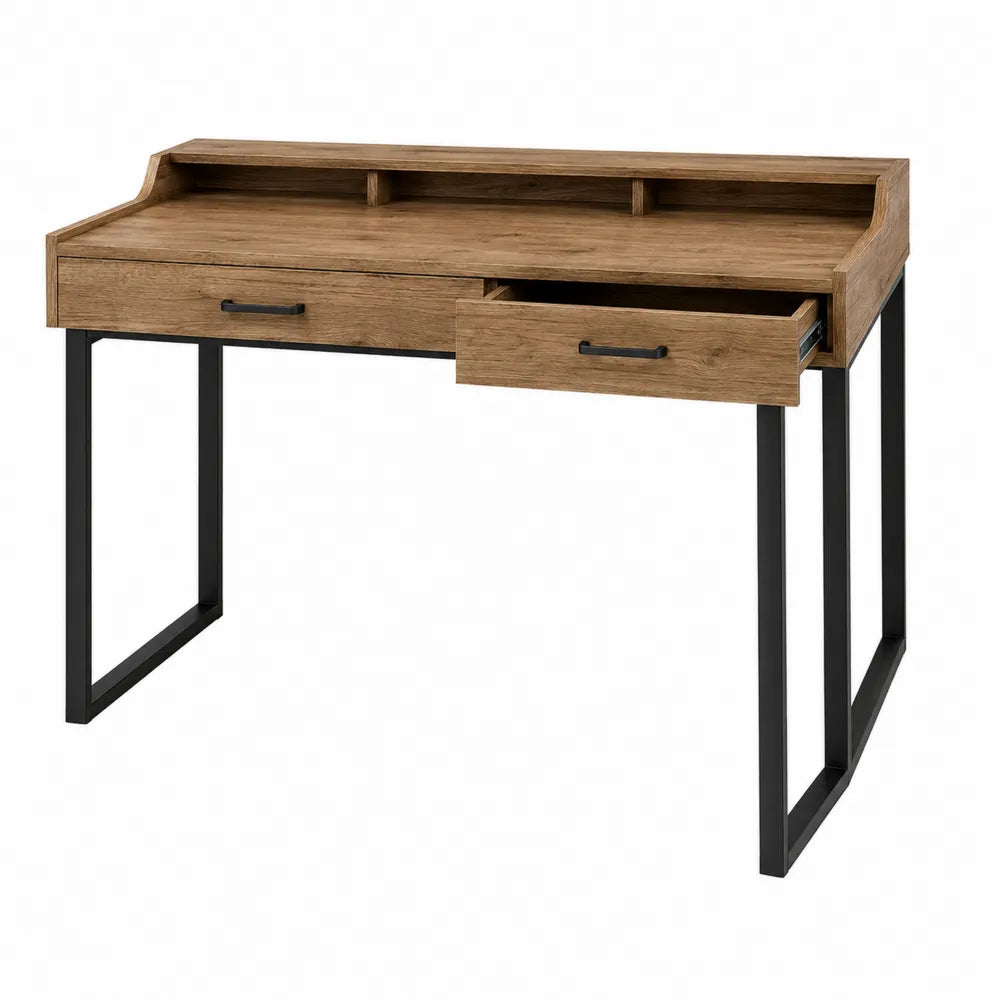 Oak Wood Desk with Black Metal Legs and Drawers