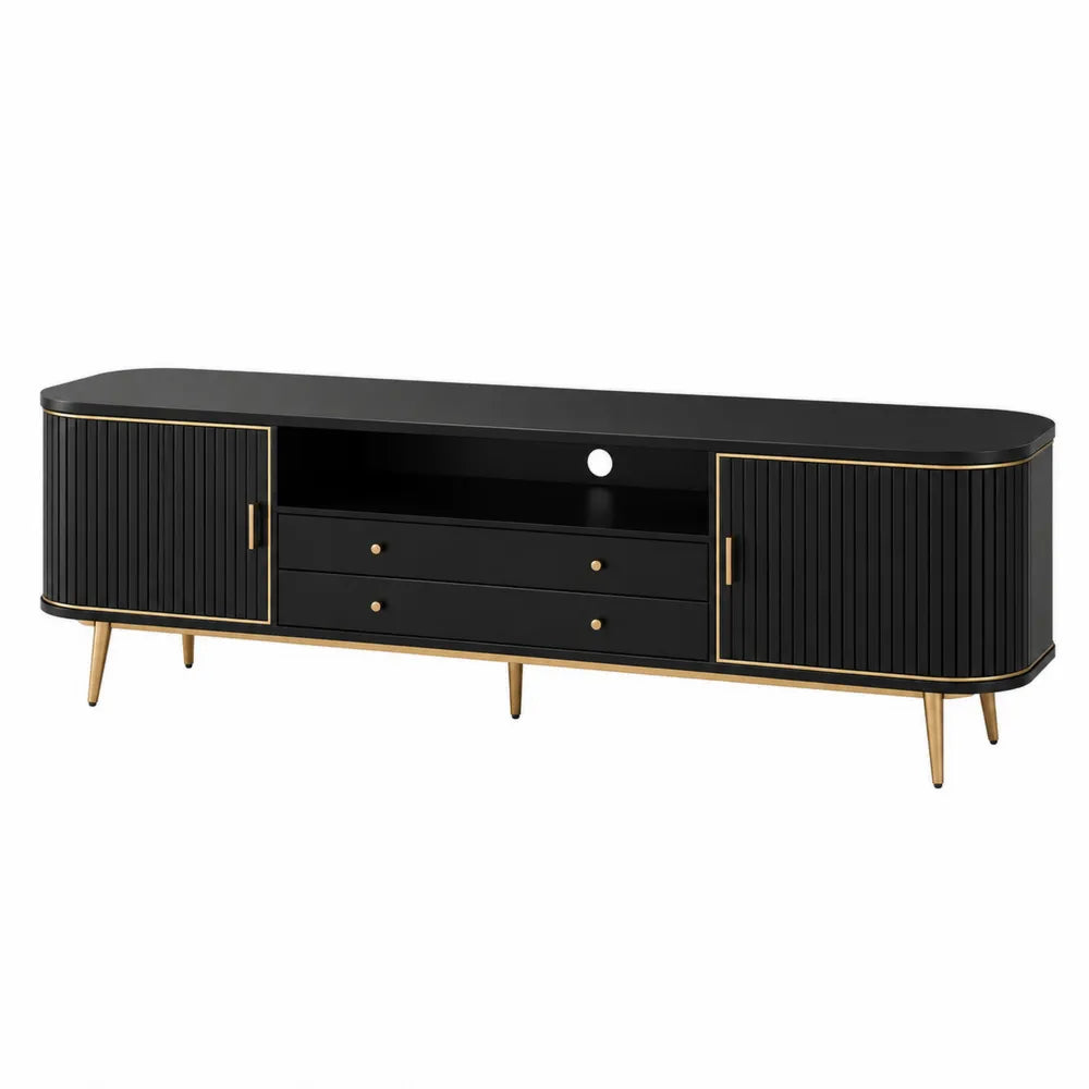 Black MDF TV Stand with Metal Accents and Storage Cabinets 180cm